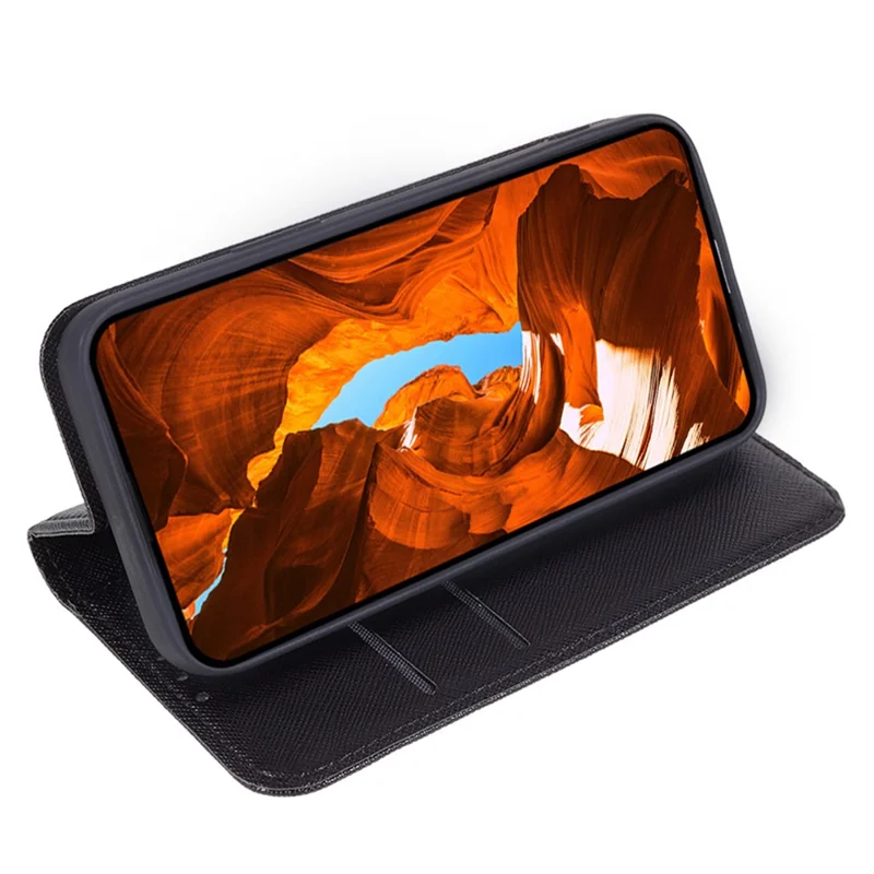 For Xiaomi Poco M6 5G / Redmi 13C 5G / 13R 5G Shockproof Phone Cover Cross Texture Magnetic PU Leather Case with Stand - Black