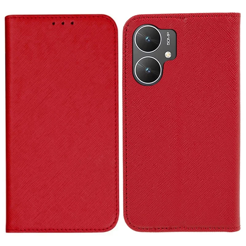 For Xiaomi Poco M6 5G / Redmi 13C 5G / 13R 5G Shockproof Phone Cover Cross Texture Magnetic PU Leather Case with Stand - Red