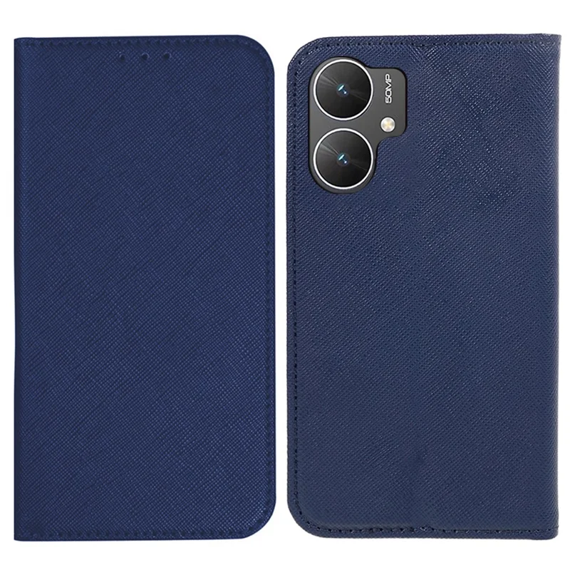 For Xiaomi Poco M6 5G / Redmi 13C 5G / 13R 5G Shockproof Phone Cover Cross Texture Magnetic PU Leather Case with Stand - Dark Blue