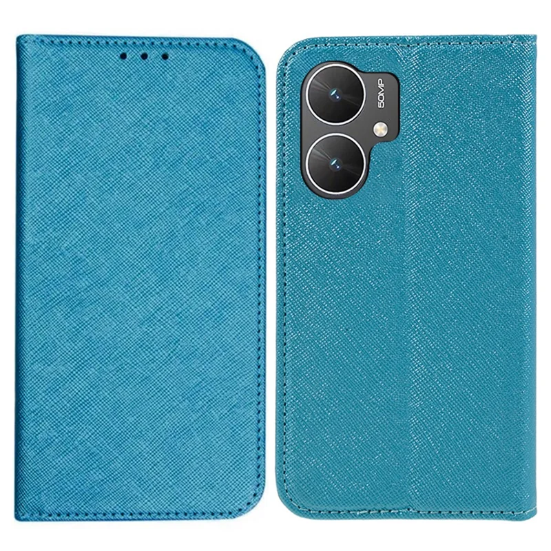 For Xiaomi Poco M6 5G / Redmi 13C 5G / 13R 5G Shockproof Phone Cover Cross Texture Magnetic PU Leather Case with Stand - Sky Blue