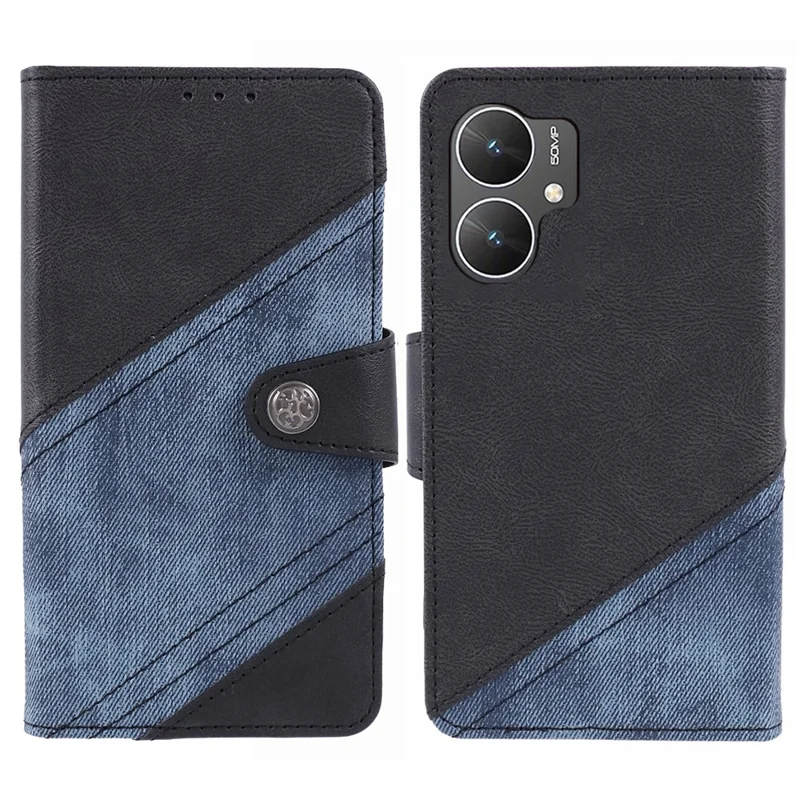 For Xiaomi Poco M6 5G / Redmi 13C 5G / 13R 5G Cell Phone Case Splicing Crazy Horse Texture PU Leather Drop-Proof Cover - Black