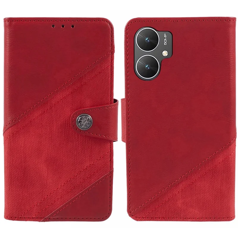 For Xiaomi Poco M6 5G / Redmi 13C 5G / 13R 5G Cell Phone Case Splicing Crazy Horse Texture PU Leather Drop-Proof Cover - Red