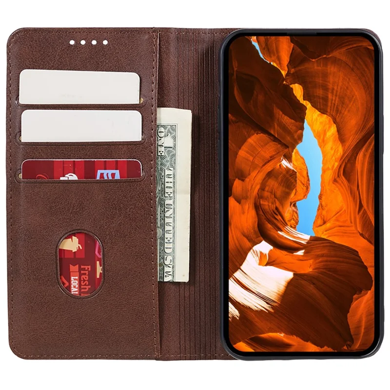 For Xiaomi Poco M6 5G / Redmi 13C 5G / 13R 5G Mobile Phone Case Calf Texture PU Leather Stand Wallet Phone Stand Cover - Brown