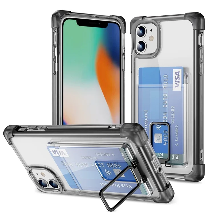 Serie Angoli Rinforzati YSM per iPhone 11 Custodia con Supporto Kickstand Cover Trasparente con Porta Carte - Nero Trasparente
