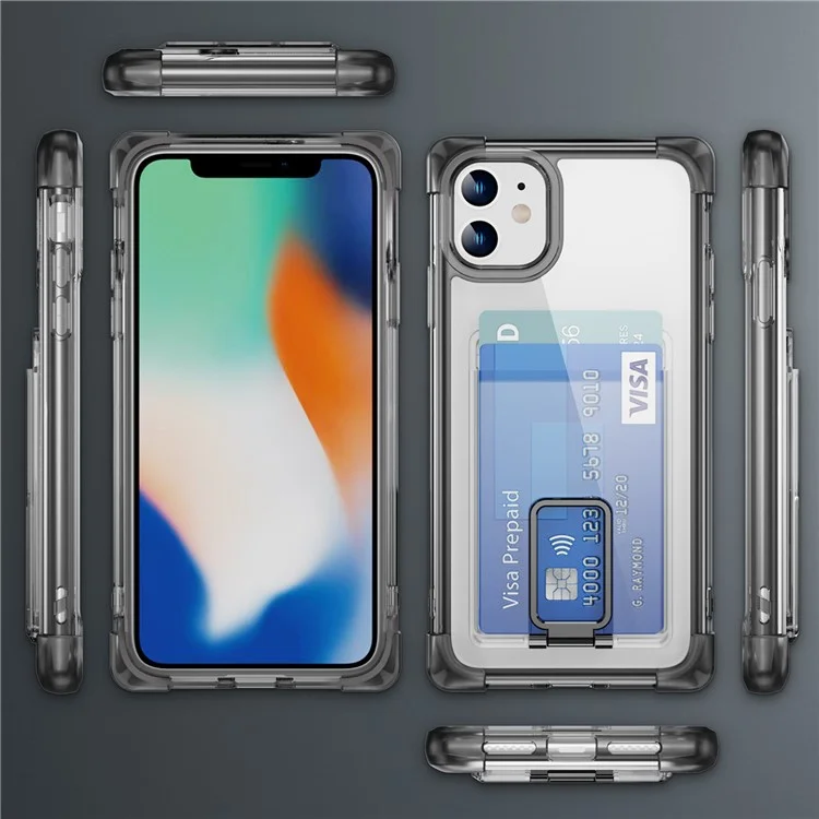 Serie Angoli Rinforzati YSM per iPhone 11 Custodia con Supporto Kickstand Cover Trasparente con Porta Carte - Nero Trasparente