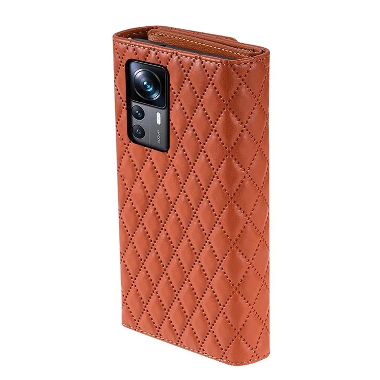 BKS-002 Para Xiaomi Redmi K50 Ultra / 12T 5G / 12T Pro 5G Capa de Couro Carteira Stand Phone Cover com Alças - Marrom