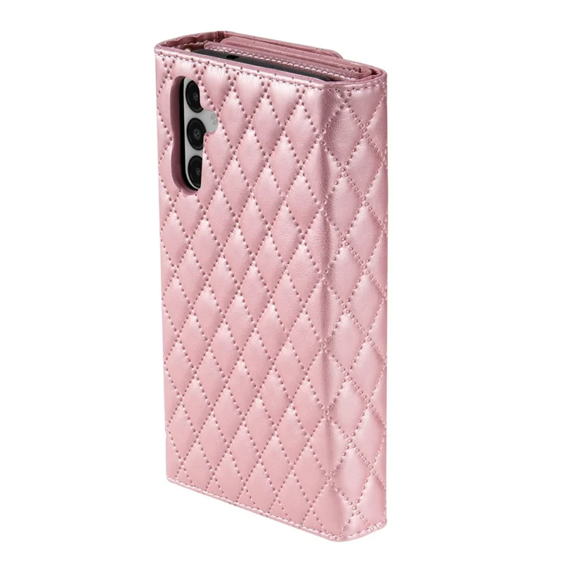 BKS-002 Para Samsung Galaxy A55 5G Carteira Case PU Leather Rhombus Phone Cover com 2 Alças - Rose Gold