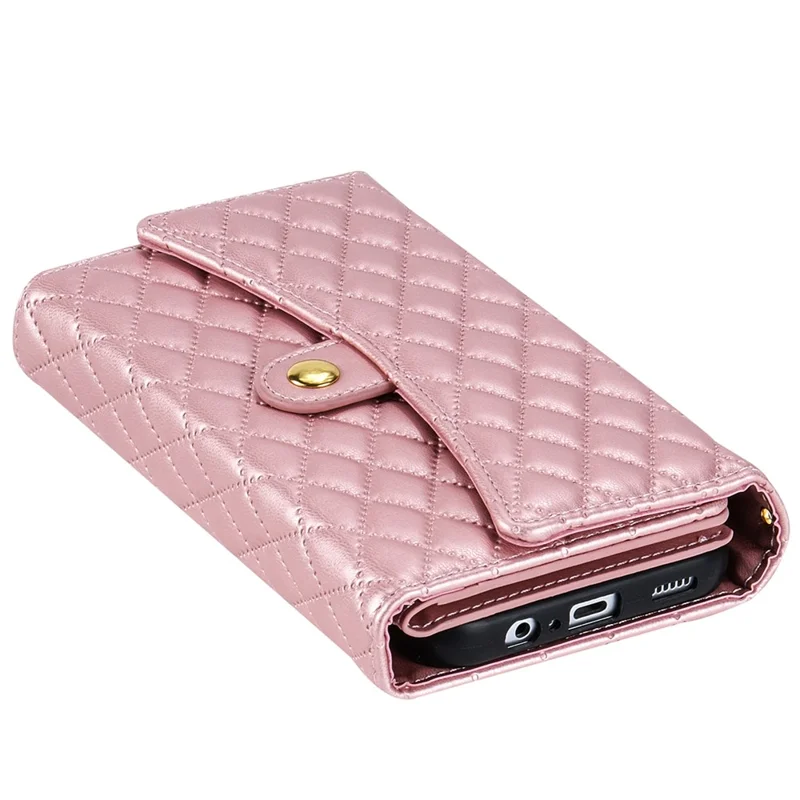 BKS-002 Para Samsung Galaxy A55 5G Carteira Case PU Leather Rhombus Phone Cover com 2 Alças - Rose Gold