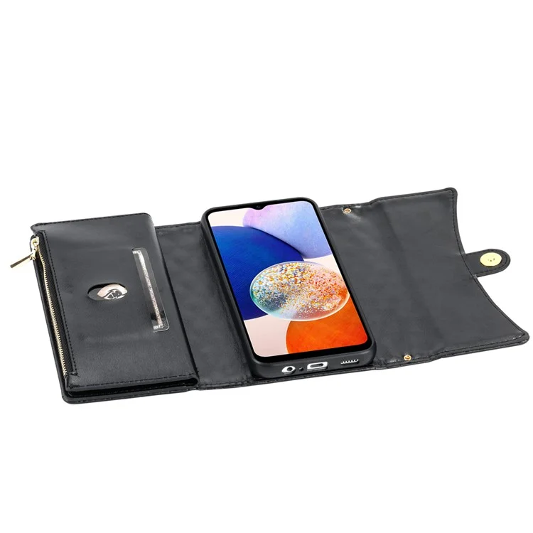 BKS-002 For Samsung Galaxy A14 4G / 5G Case Flip Wallet Leather Phone Cover 7 Card Slots - Black