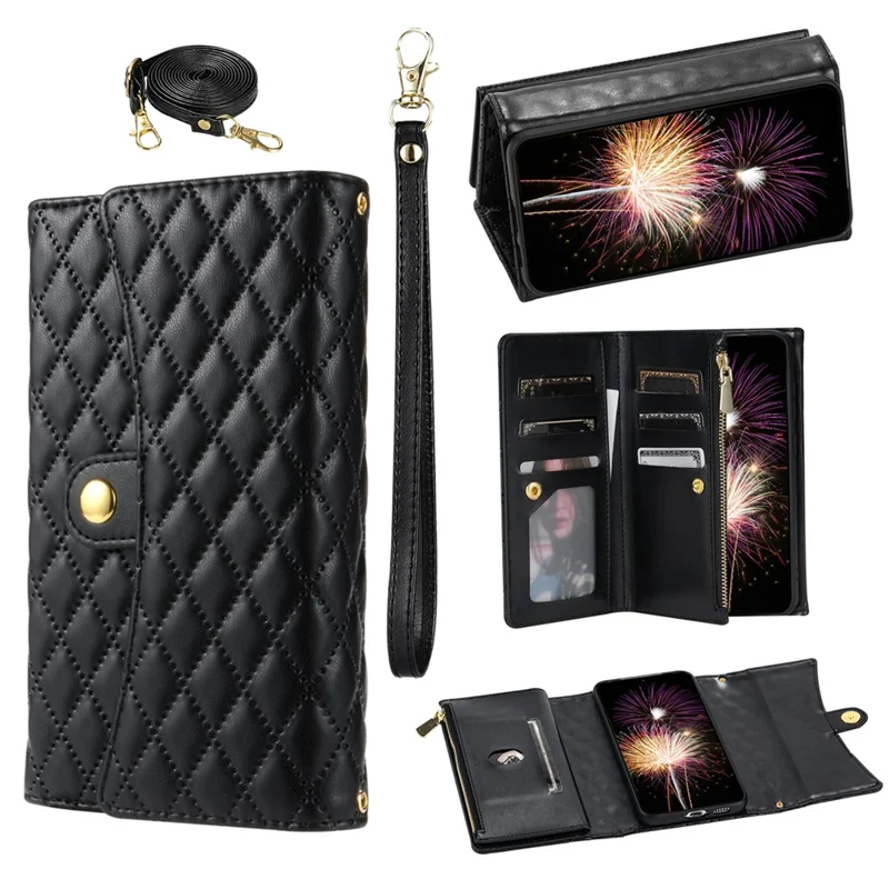 BKS-002 For Samsung Galaxy S24+ Wallet Case PU Leather Phone Cover Handbag with Long Strap - Black