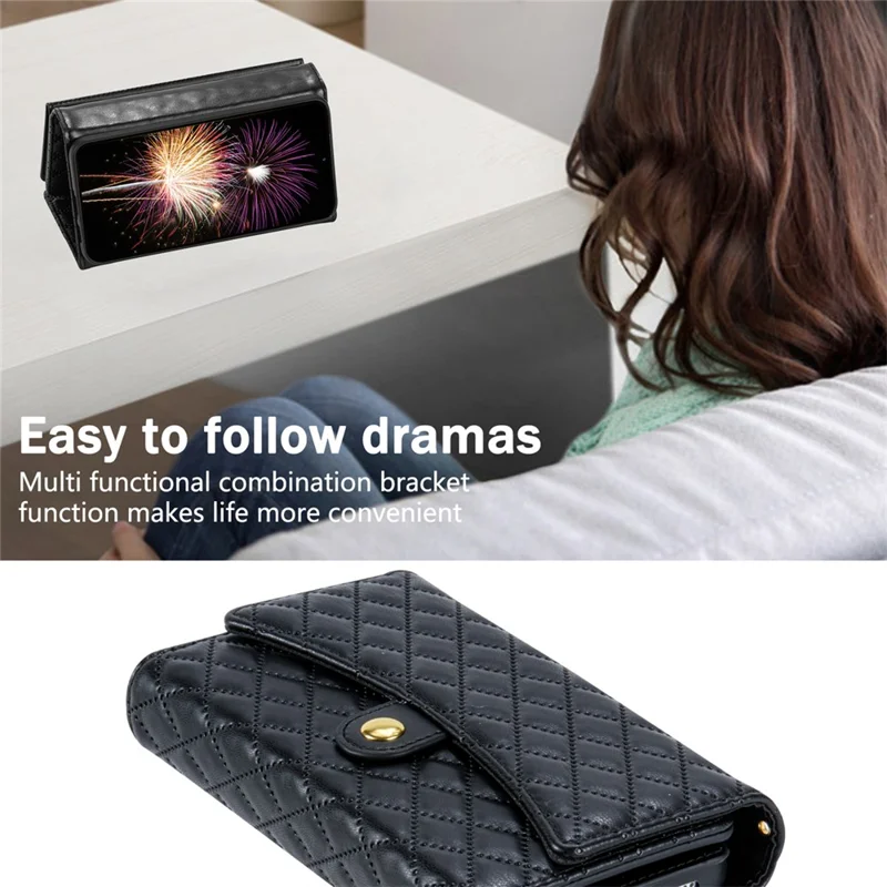 BKS-002 For Samsung Galaxy S24+ Wallet Case PU Leather Phone Cover Handbag with Long Strap - Black