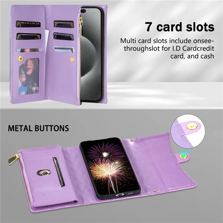 BKS-002 For Samsung Galaxy S24 Leather Flip Case Phone Cover Card Slots Zipper Pocket - Purple