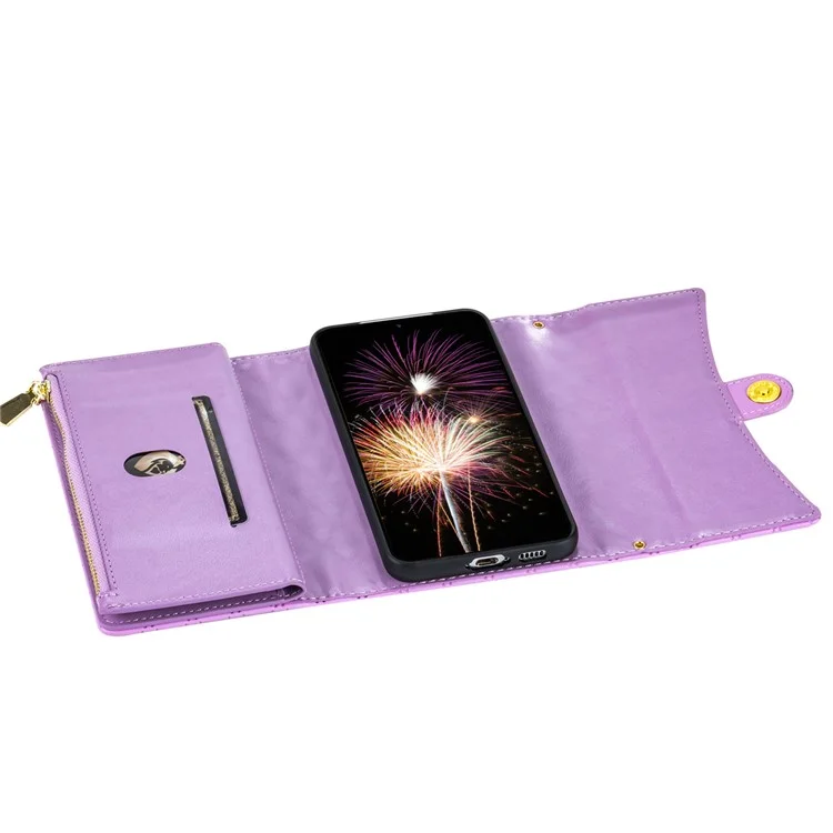 BKS-002 For Samsung Galaxy S24 Leather Flip Case Phone Cover Card Slots Zipper Pocket - Purple