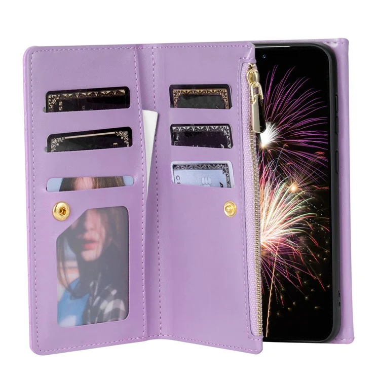 BKS-002 For Samsung Galaxy S24 Leather Flip Case Phone Cover Card Slots Zipper Pocket - Purple