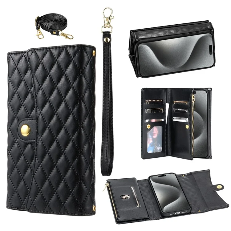 BKS-002 Für iPhone 13 Pro Wallet Case Folio Ledertasche mit 7 Kartenfächern Ständer Reißverschlusstasche - Schwarz