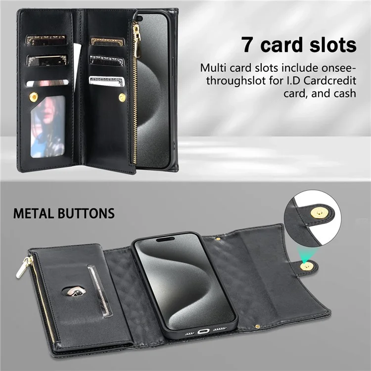 BKS-002 Für iPhone 13 Pro Wallet Case Folio Ledertasche mit 7 Kartenfächern Ständer Reißverschlusstasche - Schwarz