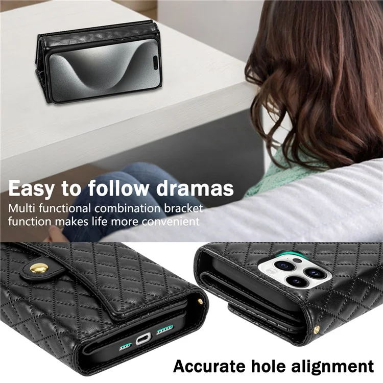 BKS-002 Für iPhone 13 Pro Wallet Case Folio Ledertasche mit 7 Kartenfächern Ständer Reißverschlusstasche - Schwarz