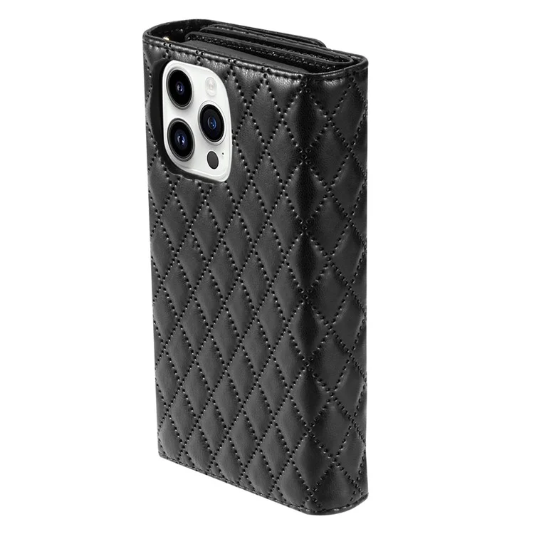 BKS-002 Für iPhone 13 Pro Wallet Case Folio Ledertasche mit 7 Kartenfächern Ständer Reißverschlusstasche - Schwarz