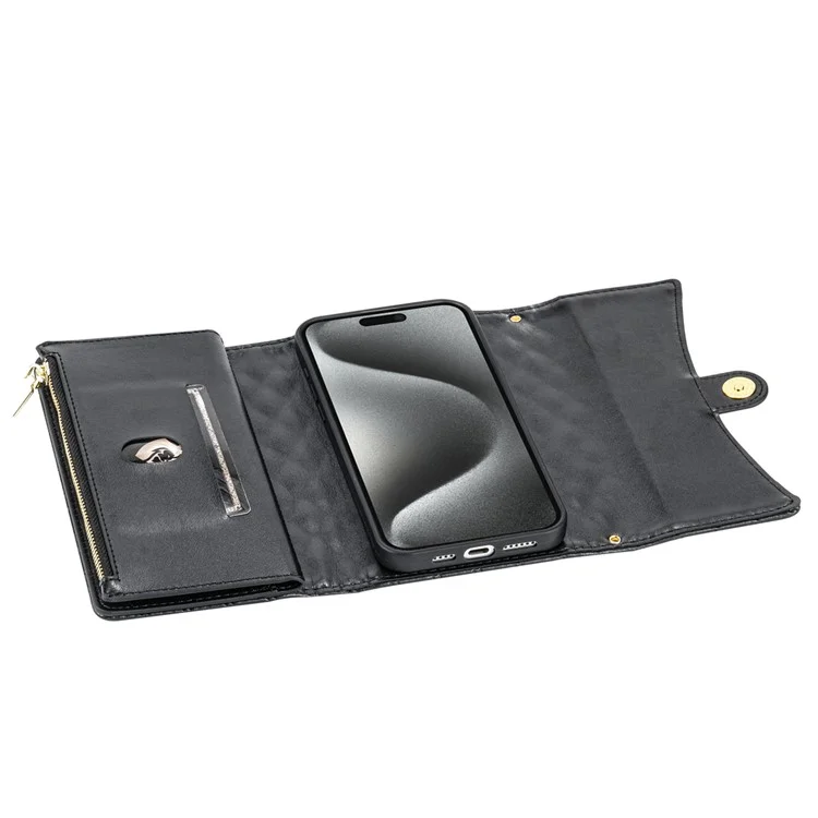 BKS-002 Für iPhone 13 Pro Wallet Case Folio Ledertasche mit 7 Kartenfächern Ständer Reißverschlusstasche - Schwarz