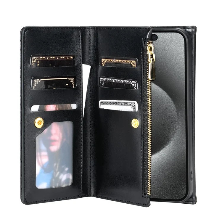 BKS-002 Für iPhone 13 Pro Wallet Case Folio Ledertasche mit 7 Kartenfächern Ständer Reißverschlusstasche - Schwarz