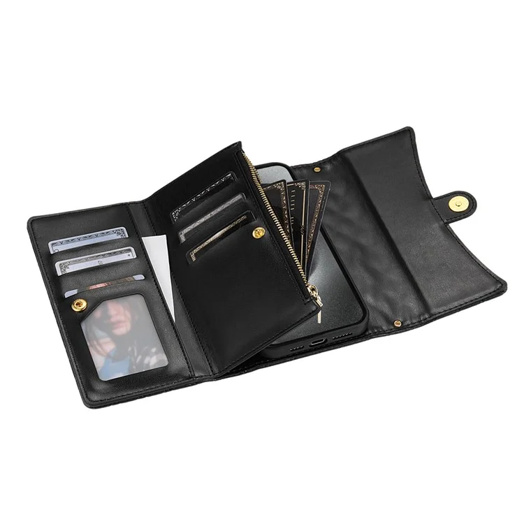 BKS-002 Für iPhone 13 Pro Wallet Case Folio Ledertasche mit 7 Kartenfächern Ständer Reißverschlusstasche - Schwarz
