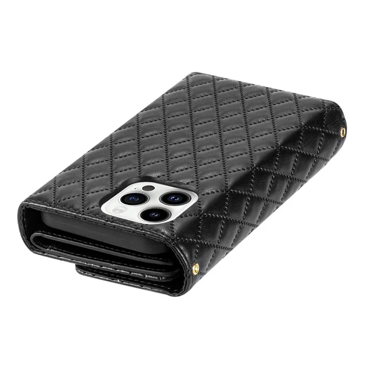 BKS-002 Für iPhone 13 Pro Wallet Case Folio Ledertasche mit 7 Kartenfächern Ständer Reißverschlusstasche - Schwarz