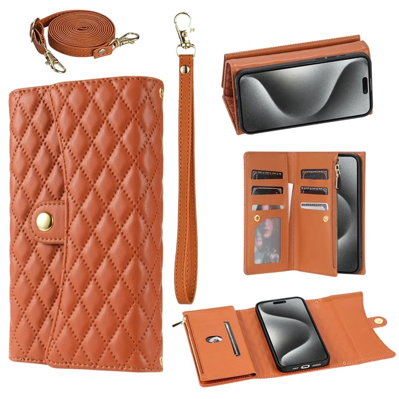 BKS-002 For iPhone 7 / 8 / SE (2020) / SE (2022) Case PU Leather Rhombus Pattern Zipper Phone Cover - Brown