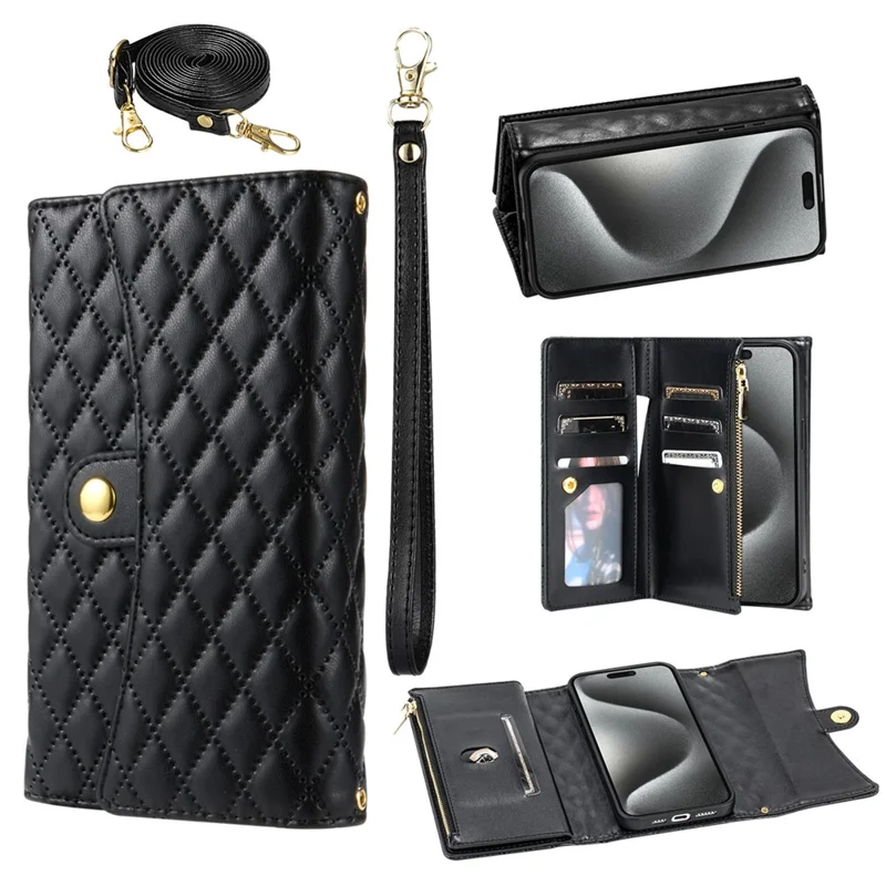 BKS-002 Coque pour iPhone 13 avec poche zippée Folio en cuir PU Flip Cover avec 2 sangles - Noir