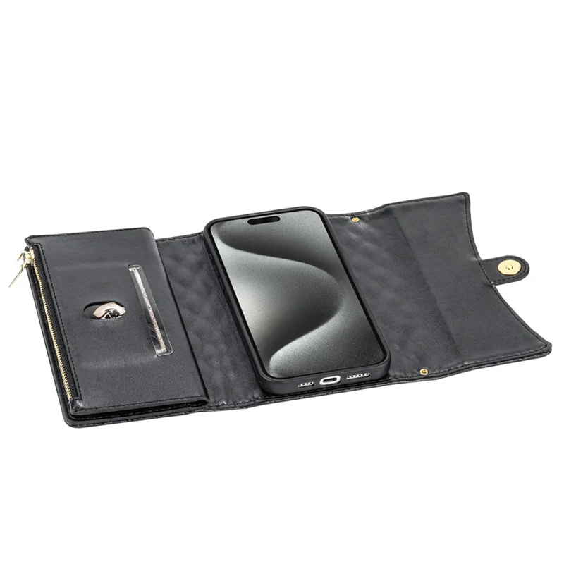 BKS-002 Coque pour iPhone 13 avec poche zippée Folio en cuir PU Flip Cover avec 2 sangles - Noir