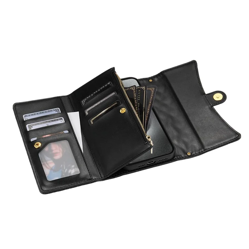 BKS-002 Coque pour iPhone 13 avec poche zippée Folio en cuir PU Flip Cover avec 2 sangles - Noir