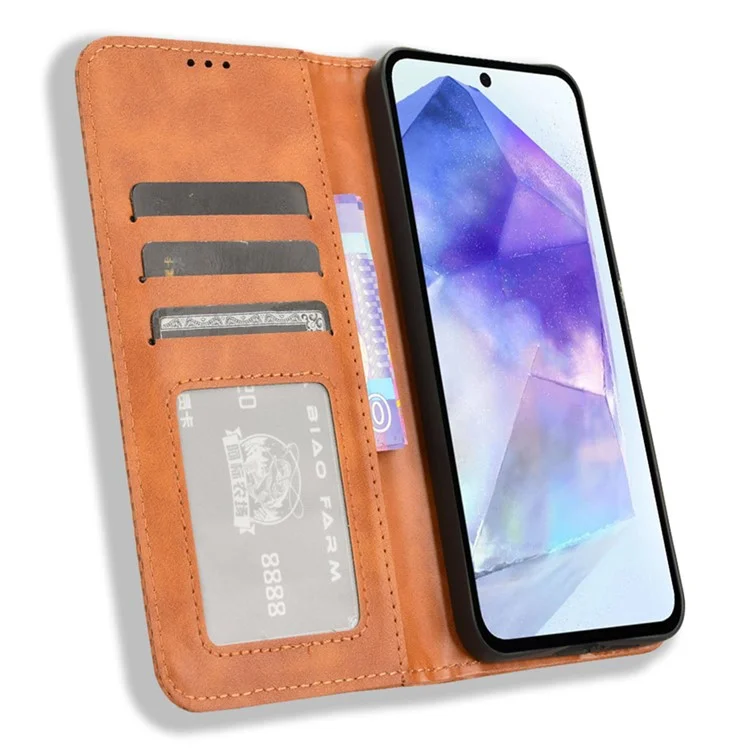 Funda para teléfono Samsung Galaxy A55 5G, de piel sintética con cartera y tapa abatible - Marrón