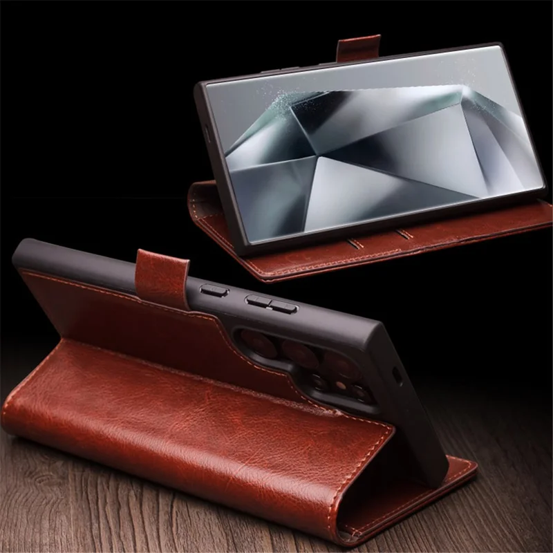 QIALINO Für Samsung Galaxy S24 Ultra Brieftaschenhülle Echtes Rindsleder Folio Flip Cover - Braun