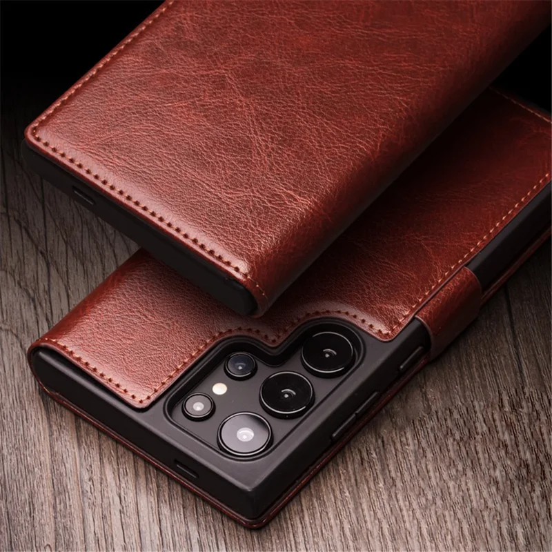 QIALINO For Samsung Galaxy S24 Ultra Wallet Case Genuine Cow Leather Folio Flip Cover - Brown