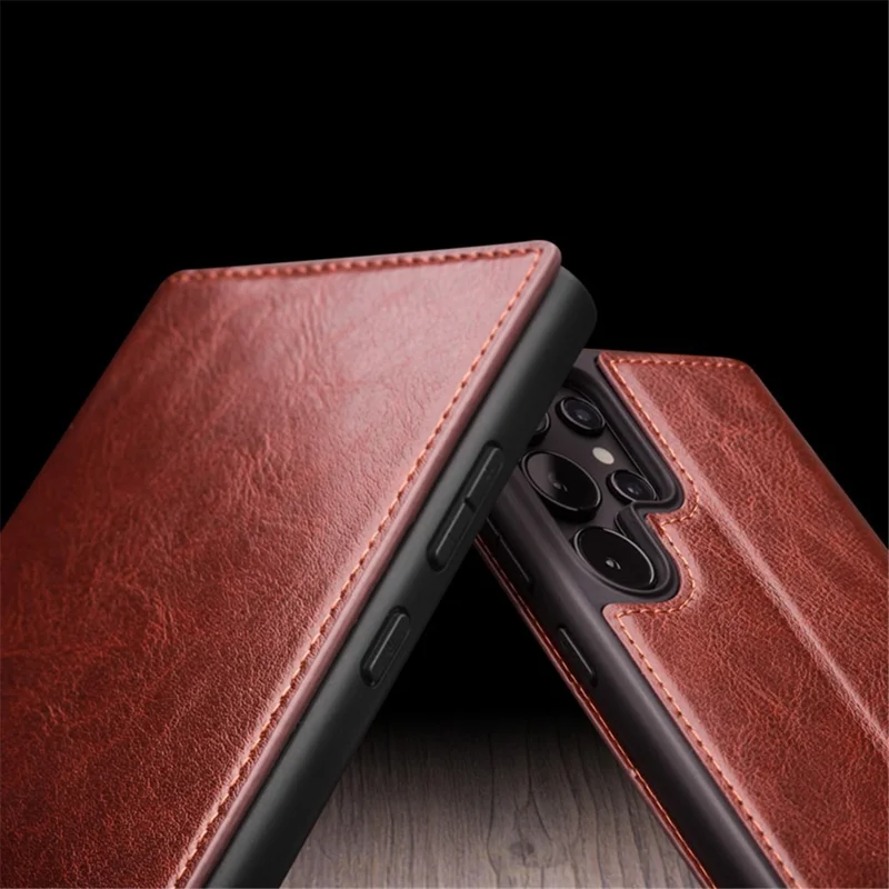 QIALINO Für Samsung Galaxy S24 Ultra Brieftaschenhülle Echtes Rindsleder Folio Flip Cover - Braun