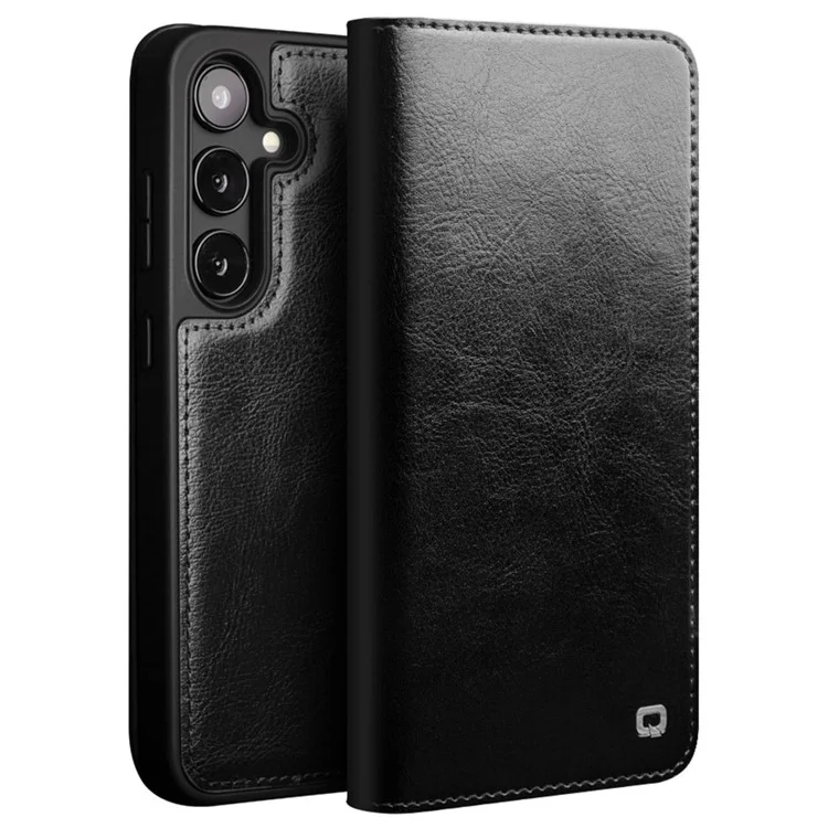 QIALINO For Samsung Galaxy S24+ Wallet Case Genuine Cow Leather Phone Cover Card Holder Stand - Black