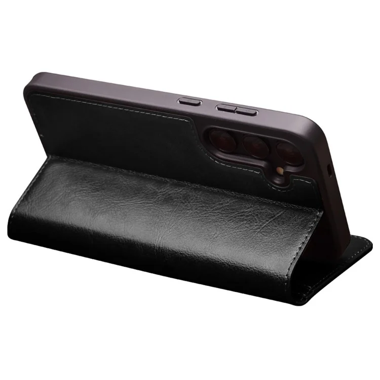 QIALINO For Samsung Galaxy S24+ Wallet Case Genuine Cow Leather Phone Cover Card Holder Stand - Black