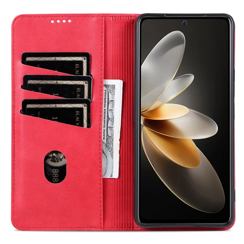 AZNS Wallet Case for Huawei nova 12 5G Leather Phone Cover Folding Stand - Red