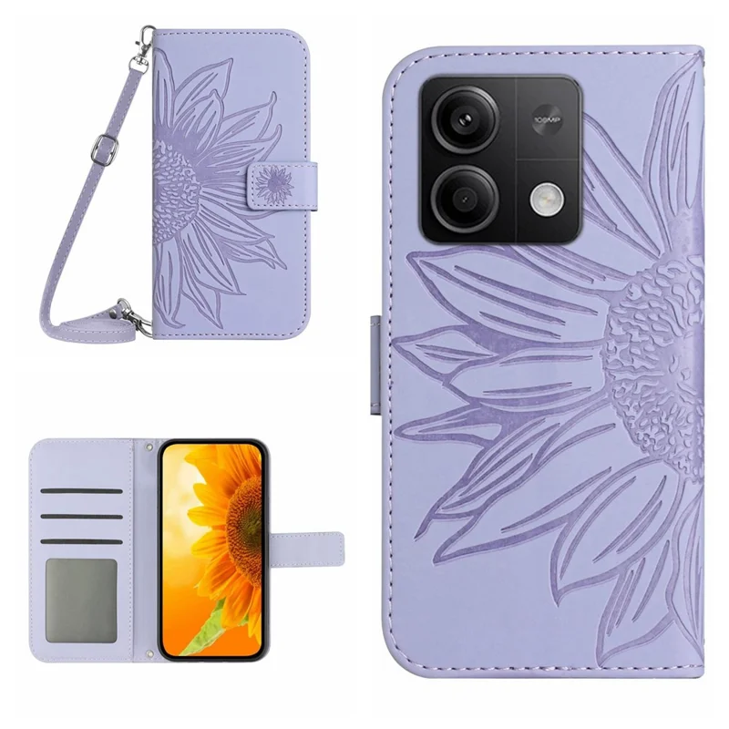 HT04 For Xiaomi Redmi Note 13 4G Magnetic Phone Case Sunflower Imprint Leather Cover - Light Purple