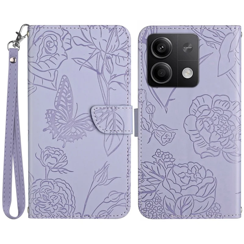 HT03 For Xiaomi Redmi Note 13 4G Case Leather Imprinted Phone Wallet Cover with Hand Strap - Purple
