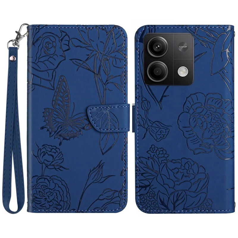HT03 Obudowa do Xiaomi Redmi Note 13 4G, skórzana etui z nadrukiem z portfelem i paskiem na rękę - niebieska