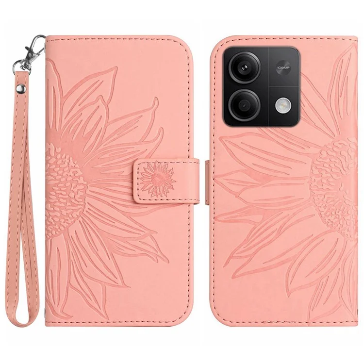 HT04 für Xiaomi Redmi Note 13 4G Leder-Brieftasche Flip-Cover Sonnenblumen-Muster Handyhülle - Hellrosa