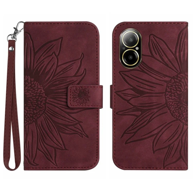 HT04 Für Realme C67 4G Lederhülle Sonnenblumenmuster Flip Wallet Cover mit Handschlaufe - Weinrot