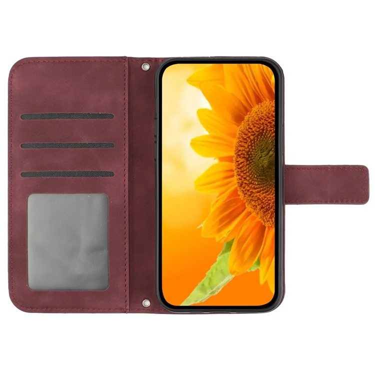 HT04 Für Realme C67 4G Lederhülle Sonnenblumenmuster Flip Wallet Cover mit Handschlaufe - Weinrot