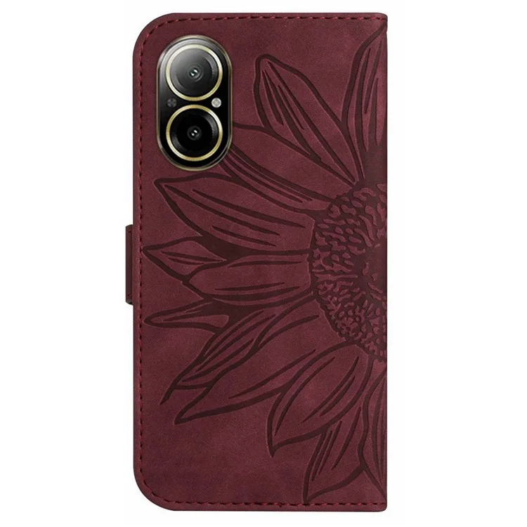 HT04 Für Realme C67 4G Lederhülle Sonnenblumenmuster Flip Wallet Cover mit Handschlaufe - Weinrot