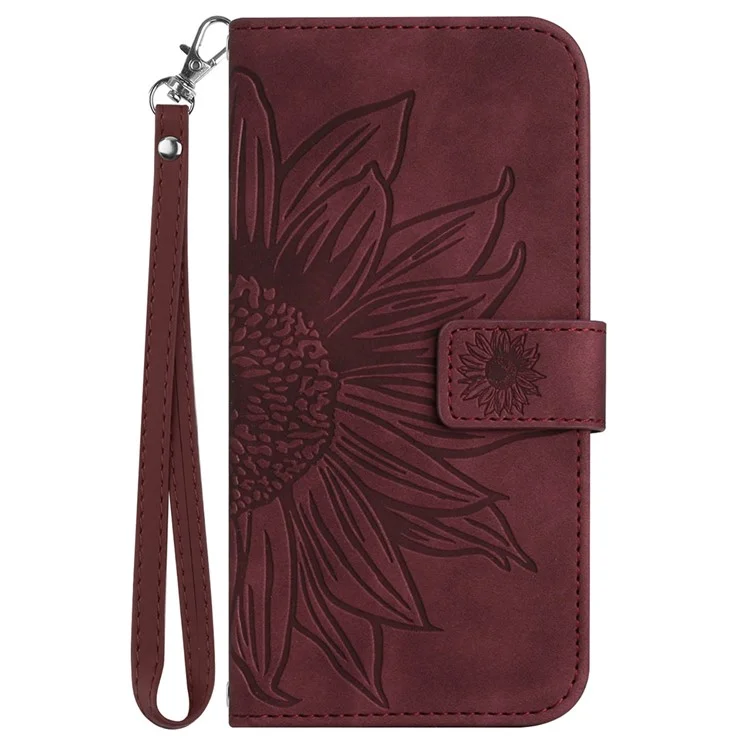 HT04 Für Realme C67 4G Lederhülle Sonnenblumenmuster Flip Wallet Cover mit Handschlaufe - Weinrot