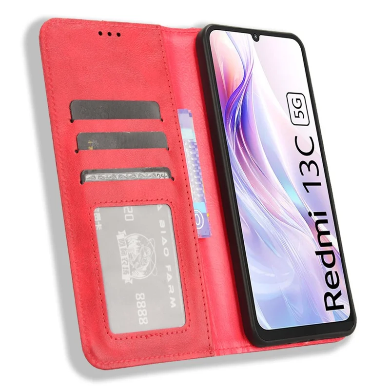 For Xiaomi Redmi 13C 5G / 13R 5G / Poco M6 5G Phone Case Folio PU Leather Retro Wallet Cover - Red