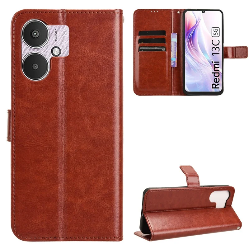 Pour Xiaomi Redmi 13C 5G / 13R 5G / Poco M6 5G Étui Portefeuille en Cuir PU Texture Cheval Fou Flip Housse de Téléphone - Marron