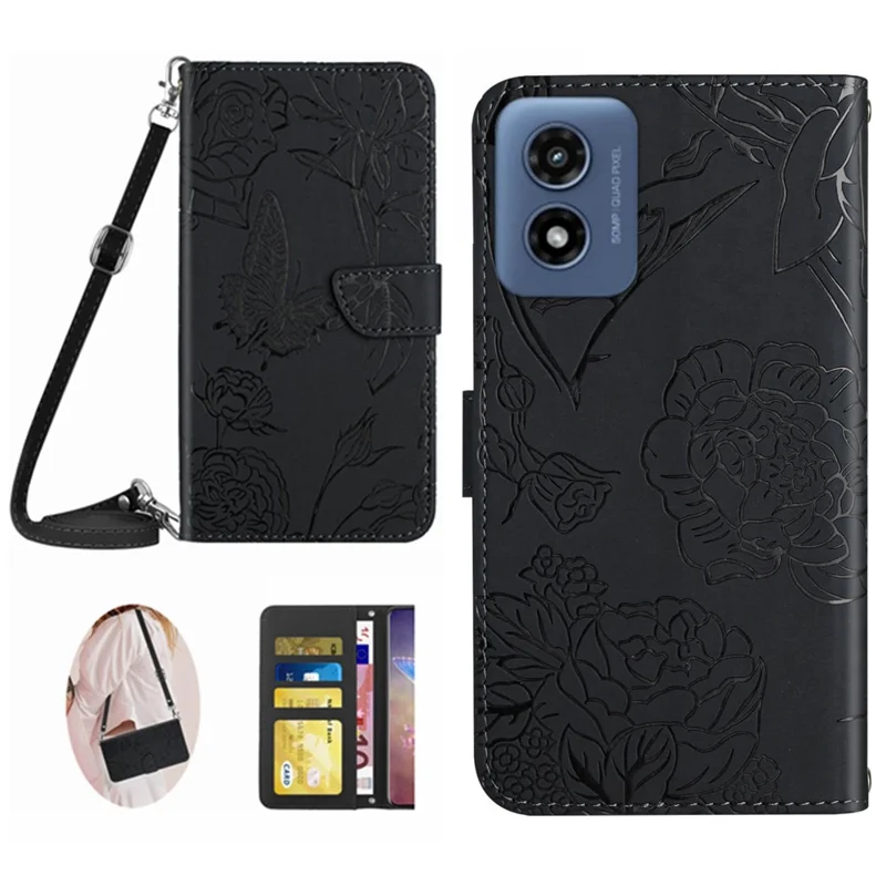 HT03 Para Motorola Moto G Play 5G (2024) / Moto G 5G (2024) Funda de teléfono con correa cruzada de piel - Negro