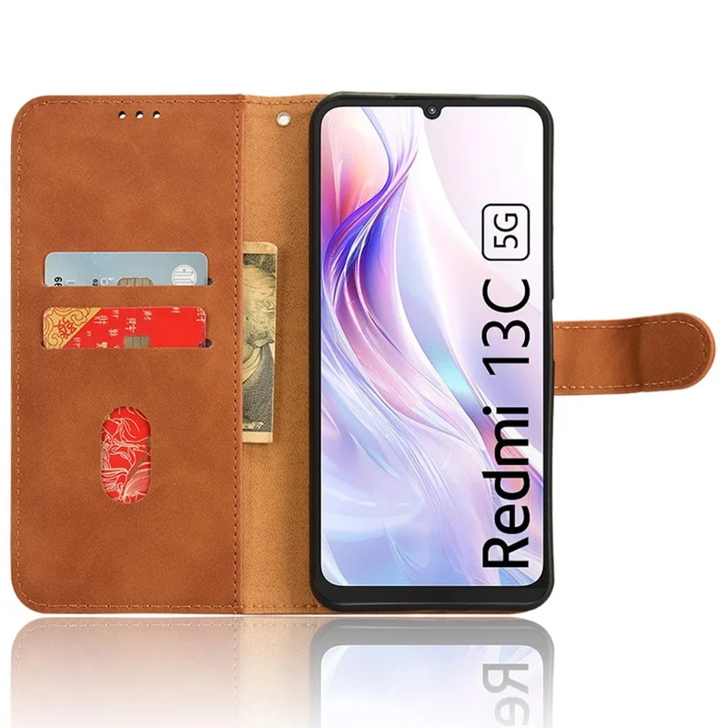 For Xiaomi Redmi 13C 5G / 13R 5G / Poco M6 5G Skin-Feel Leather Case Wallet Stand Phone Cover - Brown