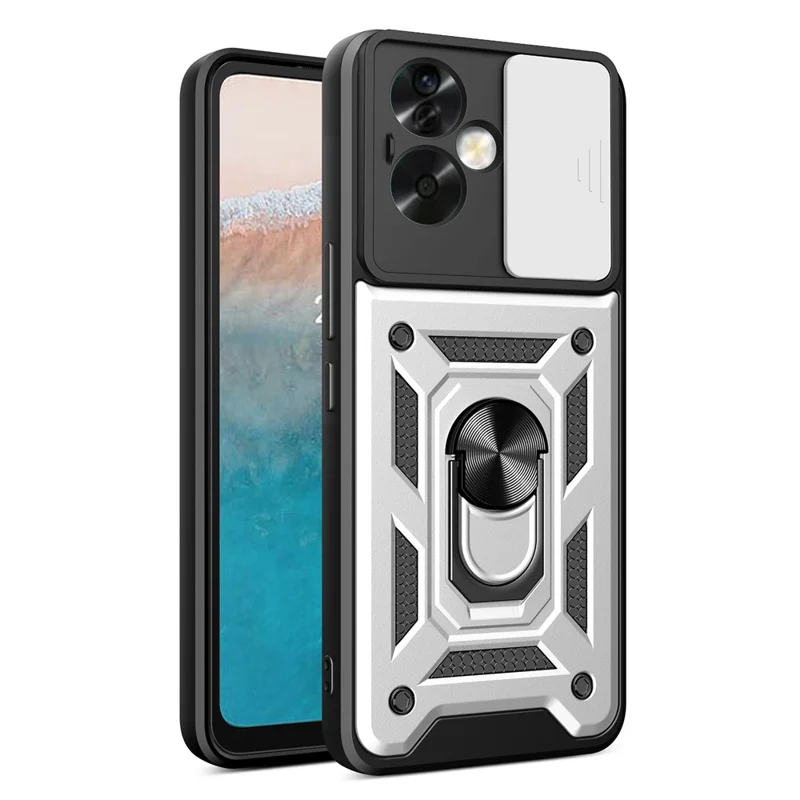 Obudowa do Oppo A79 5G / A2 5G, tylna pokrywa z podstawką obrotową PC+TPU z przesuwanym okienkiem na obiektyw - Srebrna
